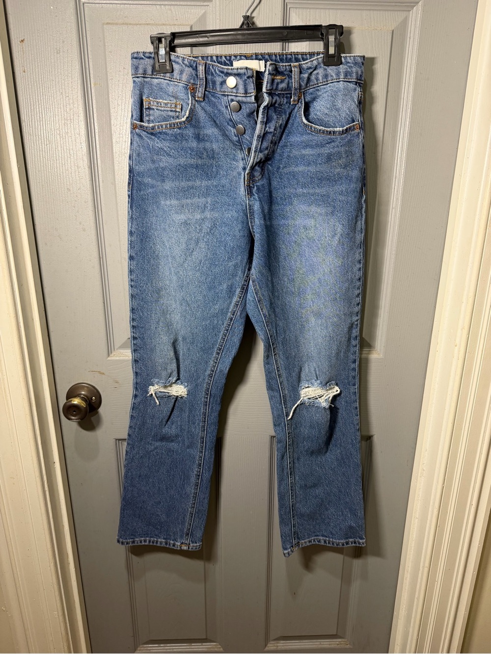 H&M Men's Blue Straight Ripped Button-Fly Jeans